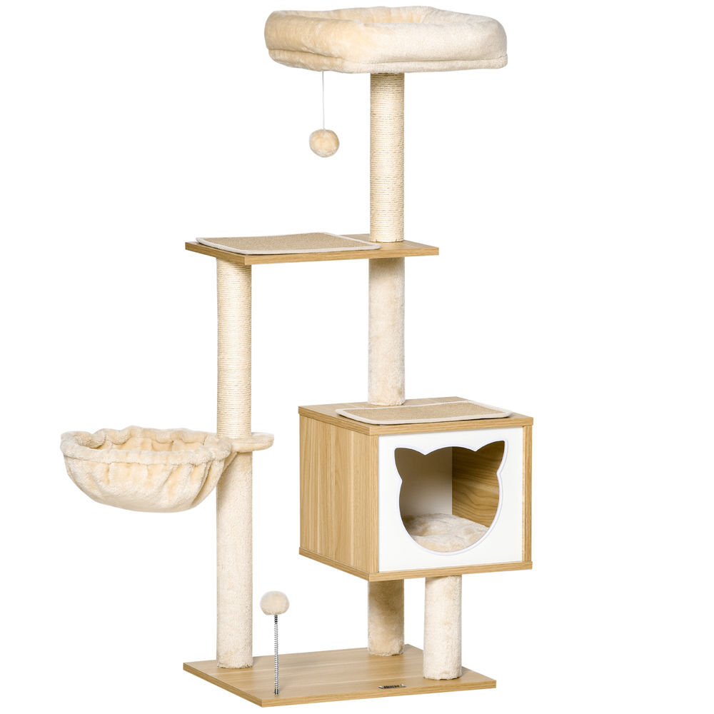 Pawhut árvore arranhador para gatos, torre de 126 cm com plataformas, rede, toca, cama, postes de sisal, bolas e almofadas laváveis, bege