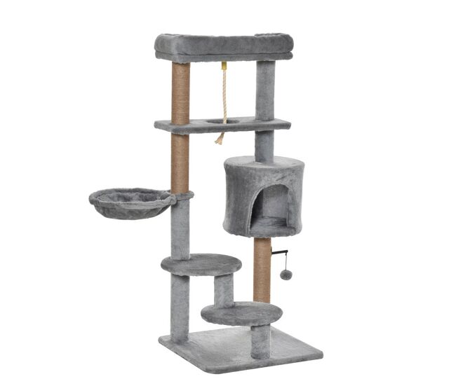 Pawhut arranhador para gatos altura 120 cm torre para gatos com plataforma caverna rede postes de juta corda e bola suspensa 48x48x120 cm cinza