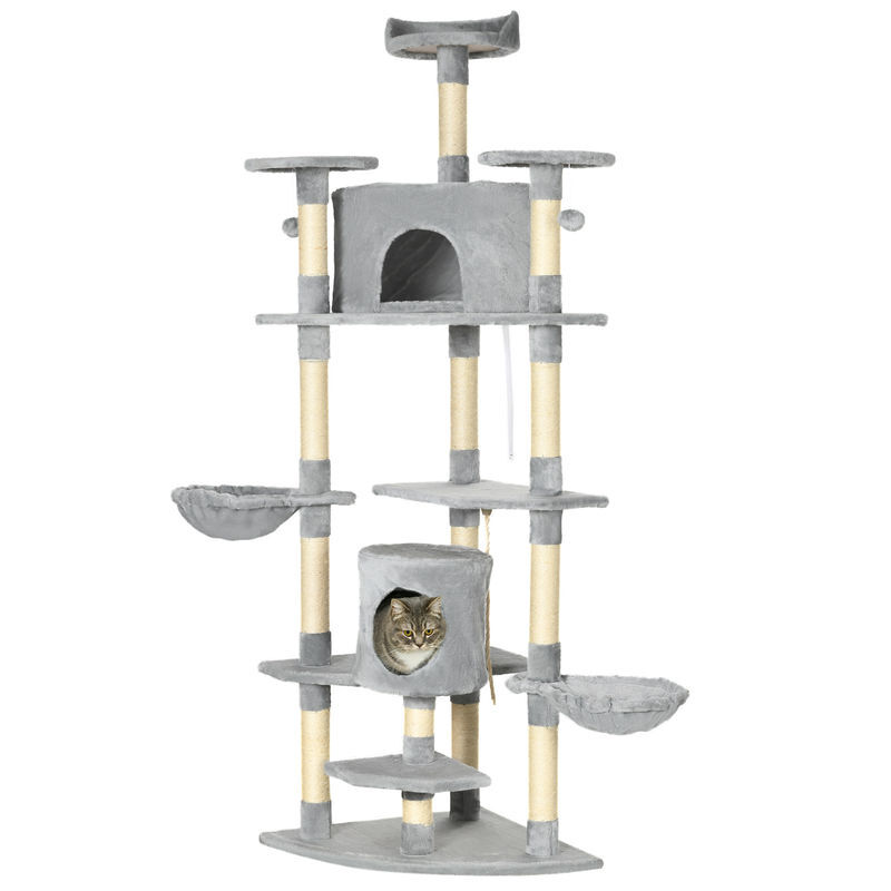 Pawhut árvore arranhador para gatos grande 60x60x200cm com 2 cavernas 2 redes cama múltiplas plataformas postes arranhadores de sisal natural e bolas
