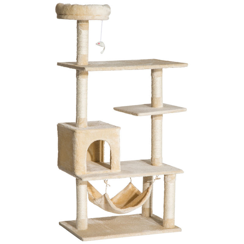 Pawhut arranhador de árvore para gatos com plataformas múltiplas brinquedo suspenso caverna espaçosa rede macia postes de coçar 70x40x152 cm bege