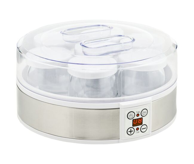 Homcom iogurteira 20w capacidade 1,26l máquina de iogurte com 7 frascos de cristal de 180 ml termóstato ajustável temporizador de 1-48 horas e ecrã