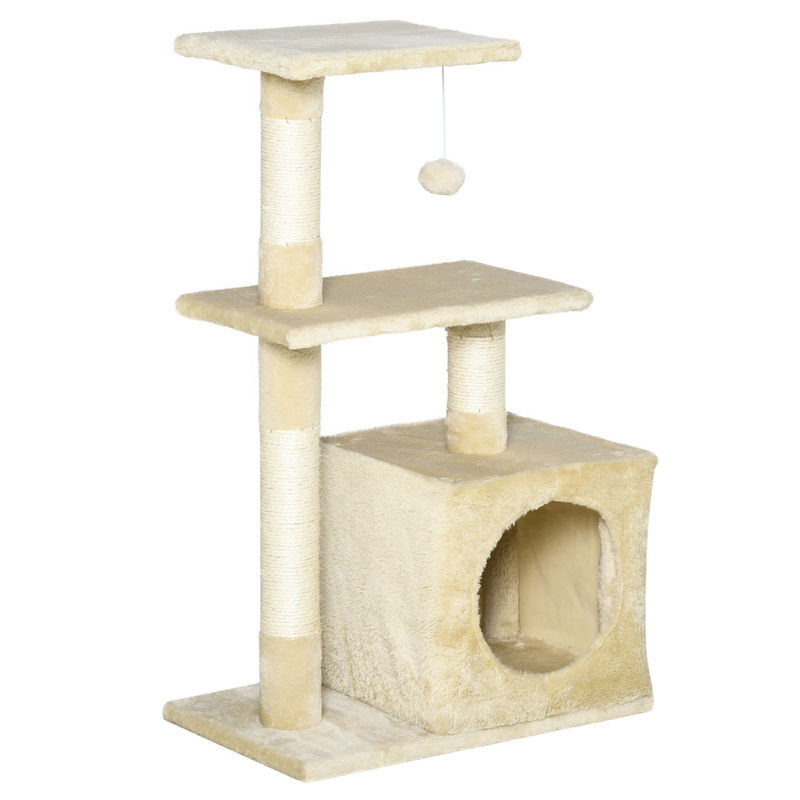Pawhut arranhador para gatos 50x30x81,5 cm centro de múltiplas atividades para gatos com poste de sisal plataformas caverna e bola suspensa bege