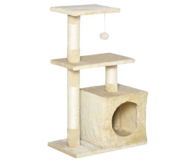 Pawhut arranhador para gatos 50x30x81,5 cm centro de múltiplas atividades para gatos com poste de sisal plataformas caverna e bola suspensa bege