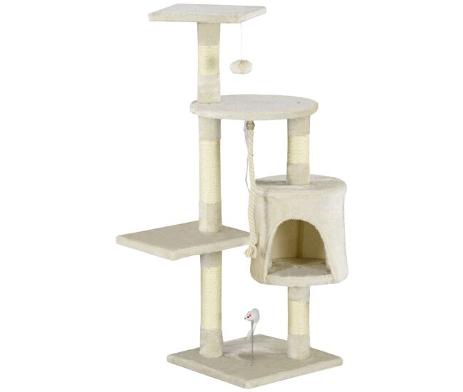 Pawhut árvore arranhador para gatos 112 cm com 4 níveis poste de sisal caverna espaçosa múltiplas plataformas e brinquedos divertidos 75x40x112 cm