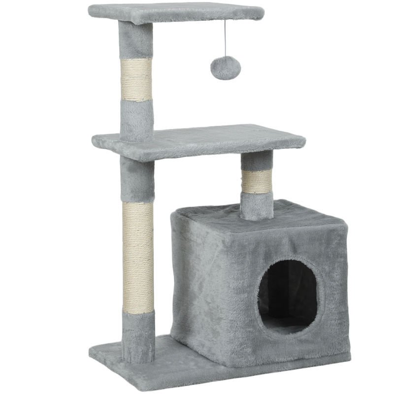 Pawhut arranhador para gatos 50x30x81,5 cm centro de múltiplas atividades para gatos com poste de sisal plataformas caverna e bola suspensa cinza