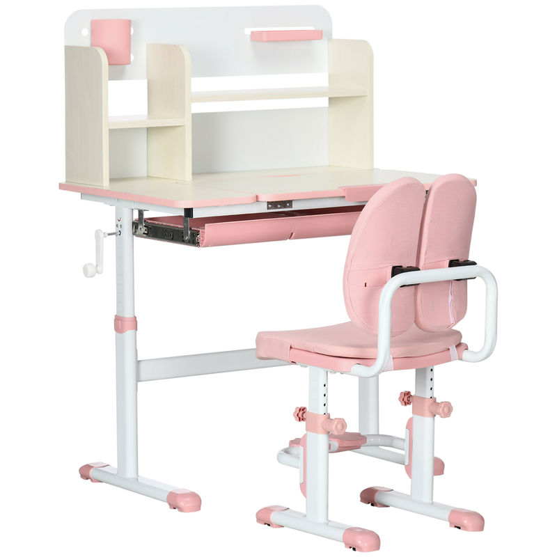 Homcom conjunto de secretária e cadeira para crianças acima de 3 anos com altura ajustável gaveta prateleiras e bancada inclinável 80x52x88-109 cm