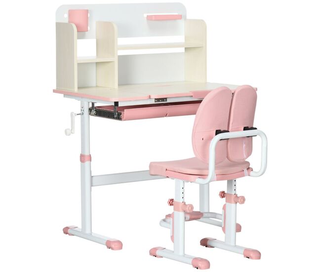 Homcom conjunto de secretária e cadeira para crianças acima de 3 anos com altura ajustável gaveta prateleiras e bancada inclinável 80x52x88-109 cm
