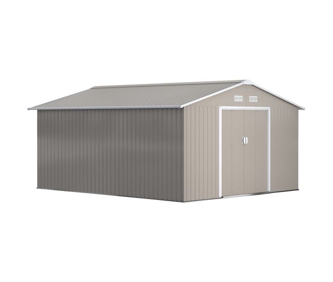 Outsunny casota de jardim exterior, 12,4 m² 340x386x200 cm abrigo de jardim metálico com portas duplas com fechadura, kit de fundação e