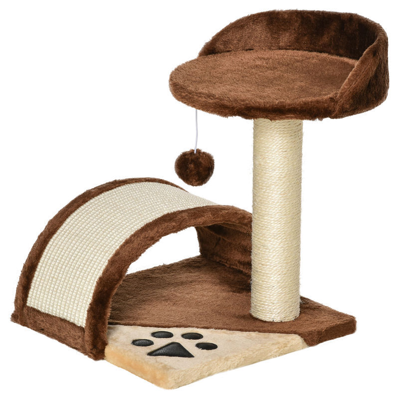 Pawhut árvore arranhador para gatos pequena altura 46 cm de 2 níveis com poste e tapete de arranhar cama e bola suspensa 35,5x37x46 cm marrom