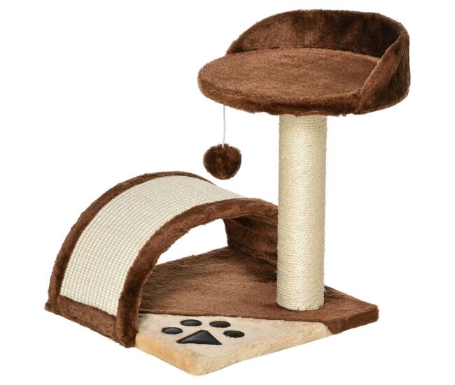 Pawhut árvore arranhador para gatos pequena altura 46 cm de 2 níveis com poste e tapete de arranhar cama e bola suspensa 35,5x37x46 cm marrom