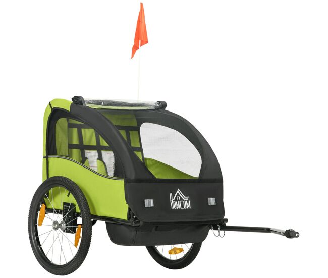 Homcom reboque de bicicleta para crianças acima de 18 meses reboque de bicicleta com 2 lugares com cinto de segurança espaço de armazenamento e