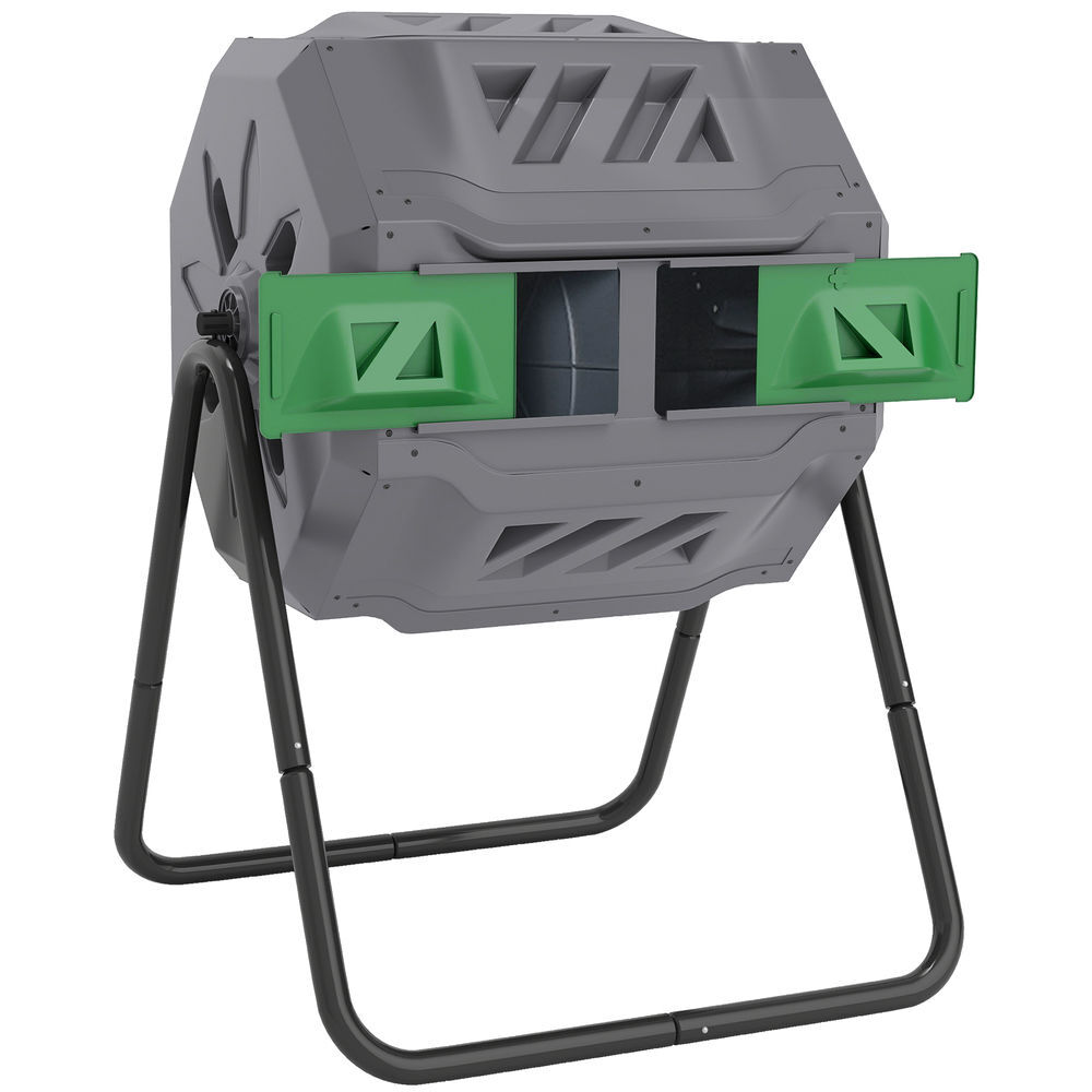 Outsunny compostor de tambor giratório com capacidade 160l de dupla câmara e ventilação estrutura de aço para resíduos orgânicos de jardim 71x65x96 cm