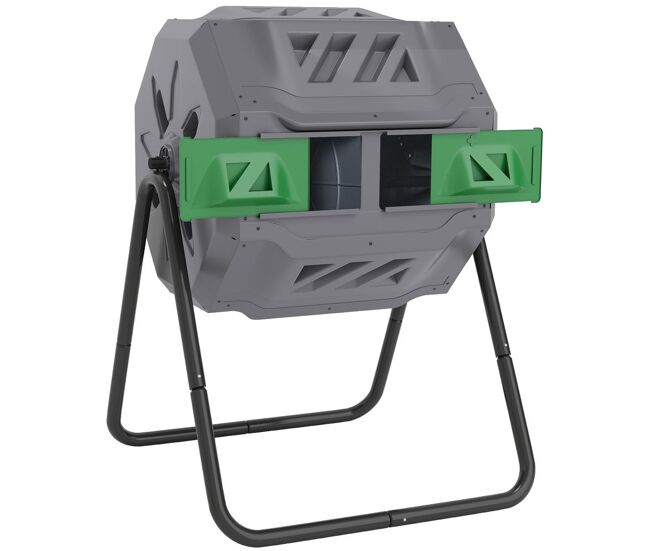 Outsunny compostor de tambor giratório com capacidade 160l de dupla câmara e ventilação estrutura de aço para resíduos orgânicos de jardim 71x65x96 cm