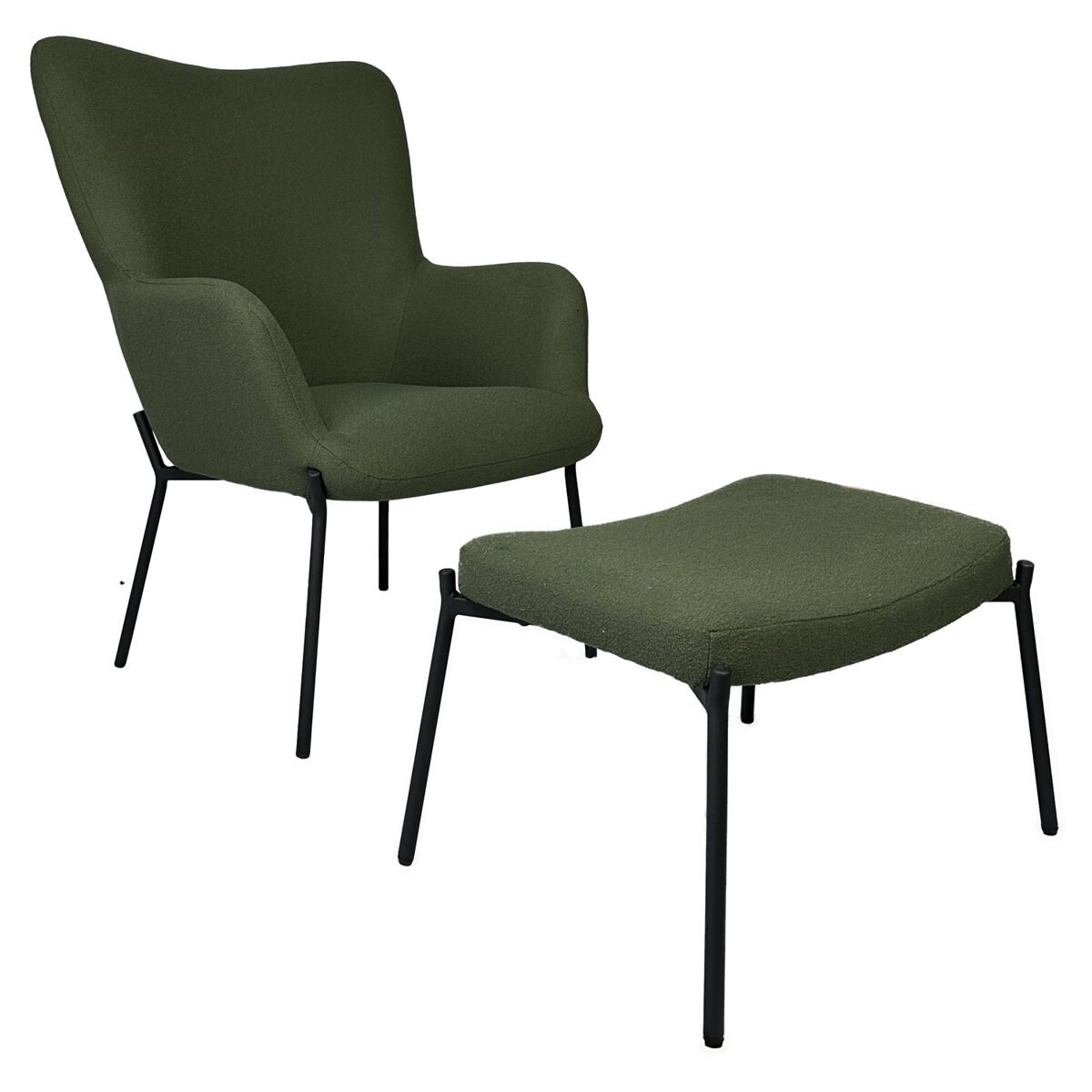 Sillón de tejido bouclé tela verde caqui con reposapiés eira