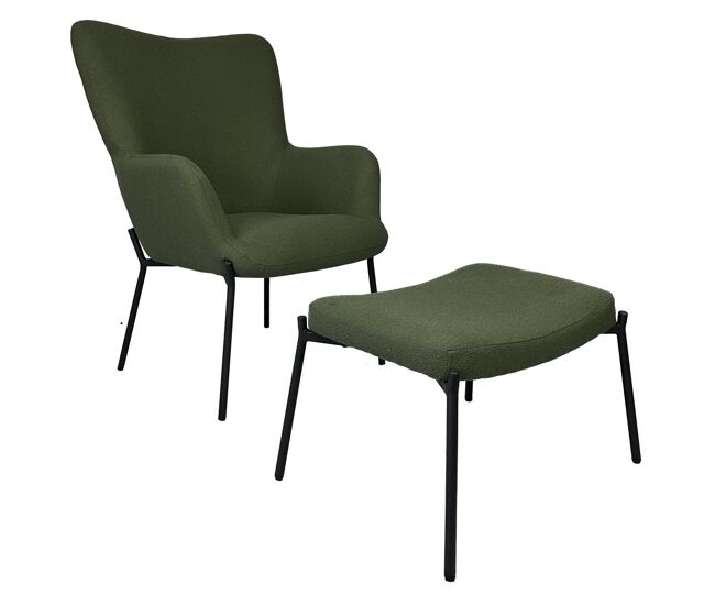 Sillón de tejido bouclé tela verde caqui con reposapiés eira
