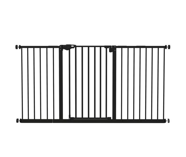 Pawhut barreira de segurança extensível para portas e escadas barreira de segurança cães com fechamento automático e sistema de duplo bloqueio metal 74-147,5x76,2 cm noir