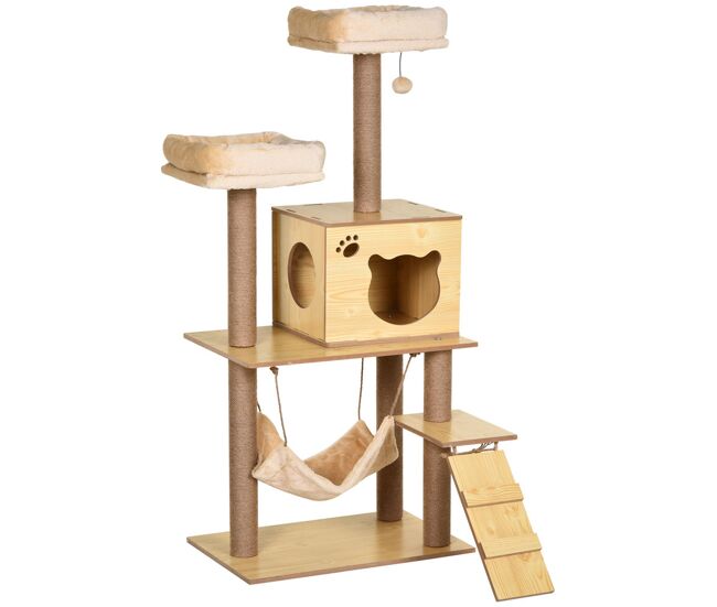 Pawhut arranhador para gatos altura 130 cm torre para gatos com poste de arranhar de juta 2 camas rede caverna bola suspensa rede e rampa 60x40x130 cm