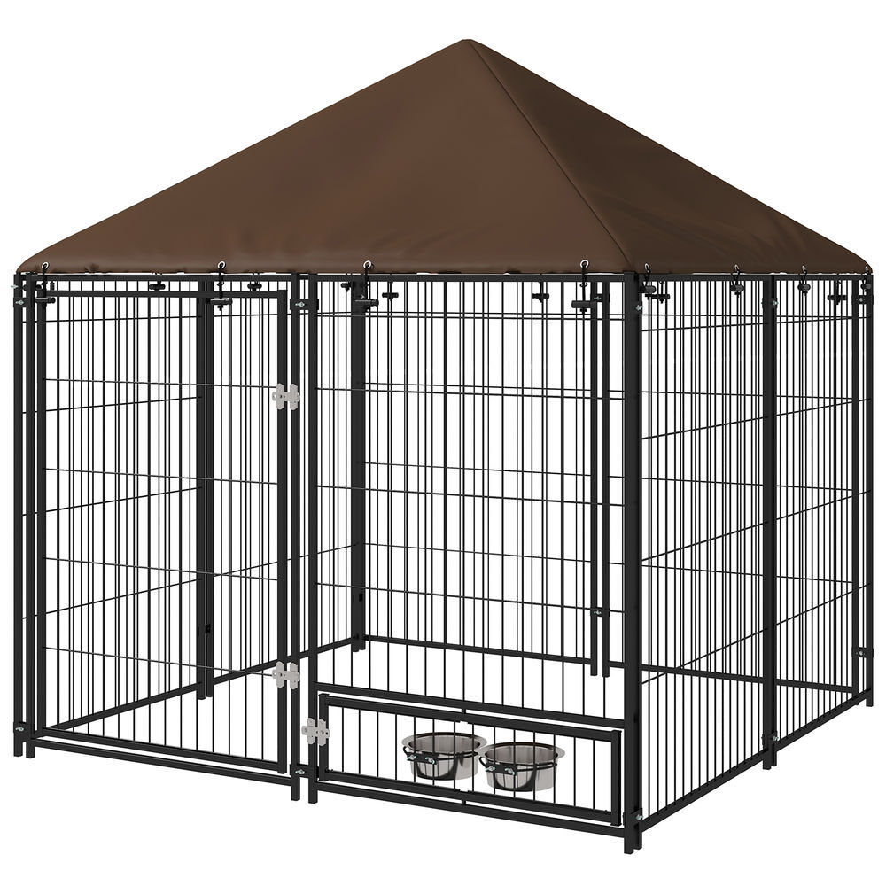 Pawhut parque para cães com toldo canil para exterior com suporte giratório para comida 2 tigelas incluídas 141x141x151 cm preto marrom