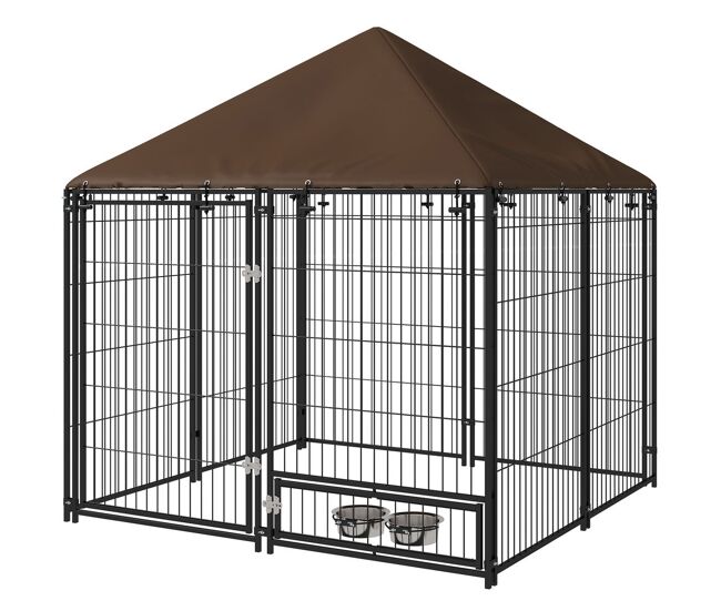 Pawhut parque para cães com toldo canil para exterior com suporte giratório para comida 2 tigelas incluídas 141x141x151 cm preto marrom
