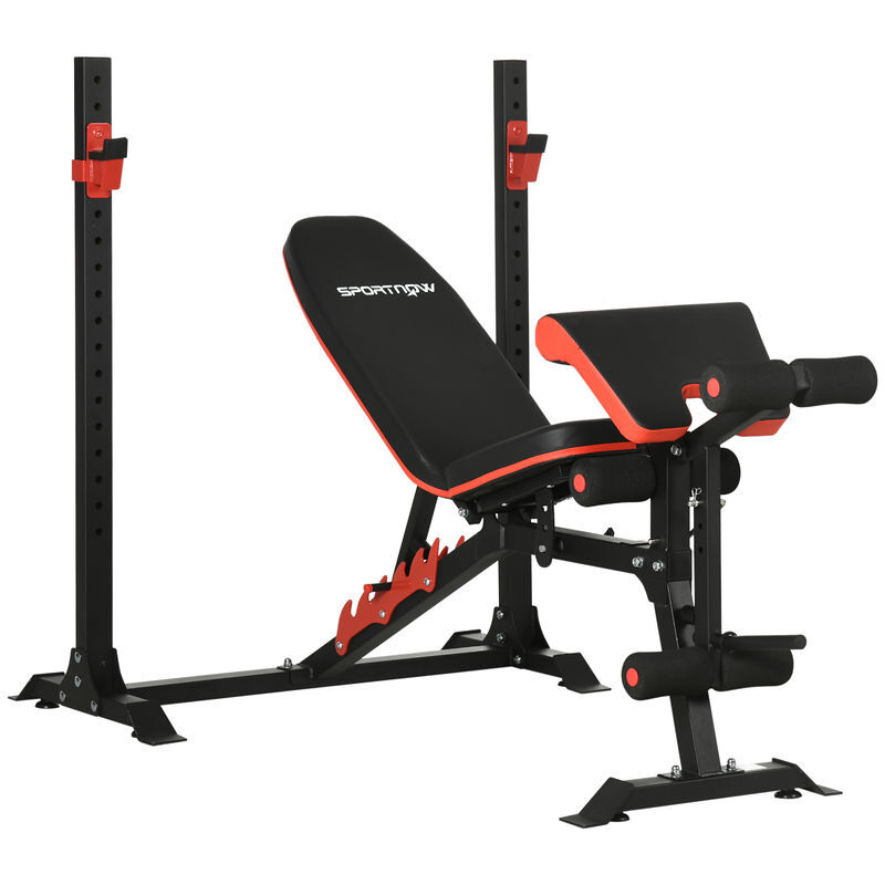 Sportnow banco de musculação multifuncional banco de pesos com encosto reclinável e suporte de barras ajustável para treino de abdominal pernas braços