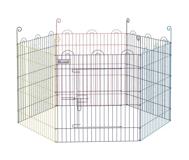 Pawhut parque dobrável para cães com 6 painéis, ø120x60 cm, grade metálica para cachorros e coelhos, design diy, com porta e estacas, para interior e exterior, multicolor