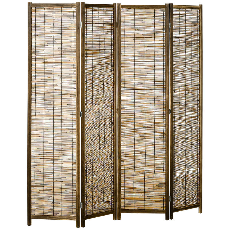 Homcom biombo de 4 painéis separador de ambientes dobrável 160x1,8x170 cm divisor de ambientes de madeira e caniço estilo rústico para escritório