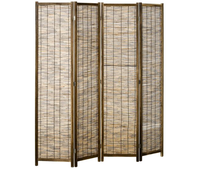 Homcom biombo de 4 painéis separador de ambientes dobrável 160x1,8x170 cm divisor de ambientes de madeira e caniço estilo rústico para escritório
