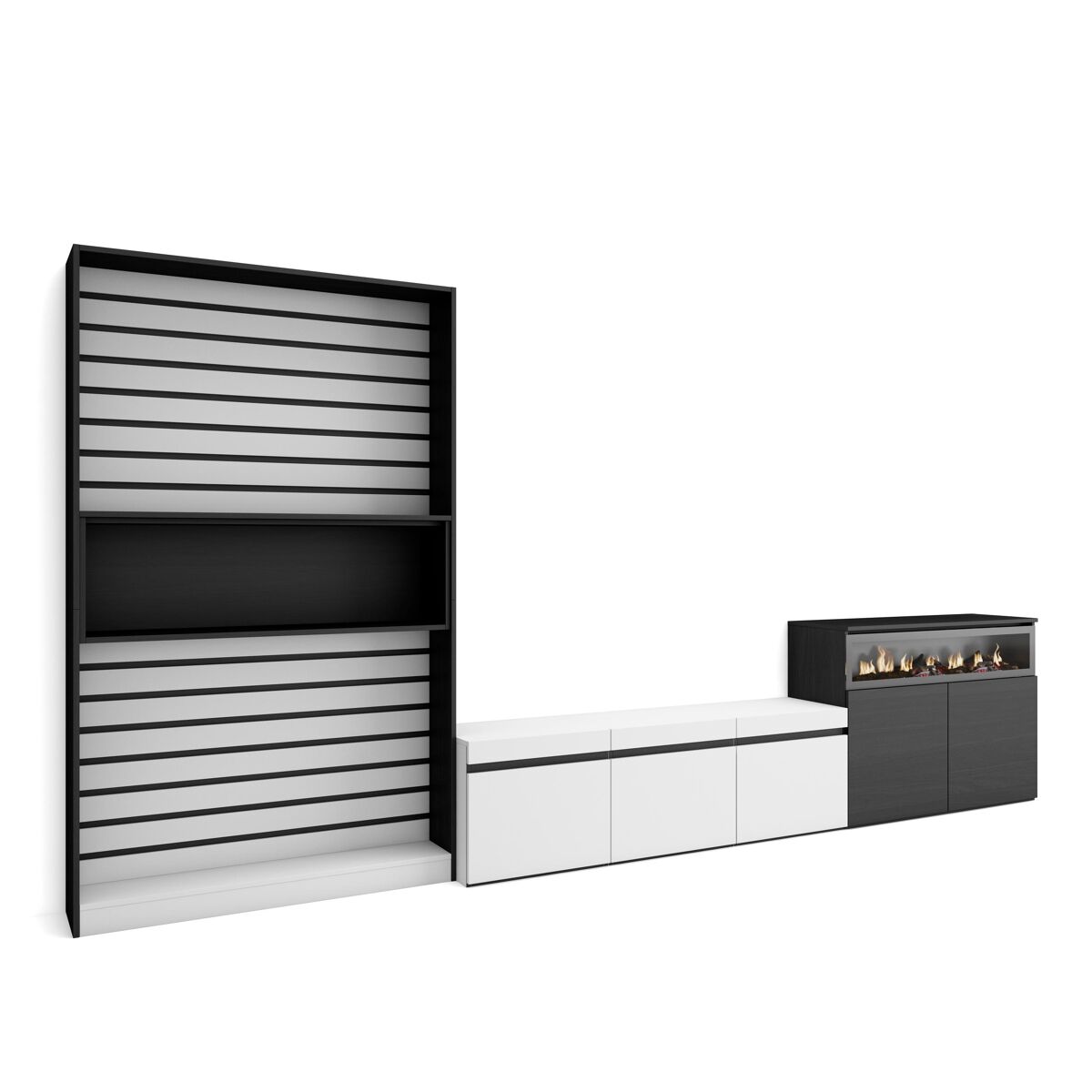 Conjunto de móveis tv, mobiliário sala de estar, 360x35x186cm, para televisores até 65", lareira eléctrica, estilo moderno, branco e preto
