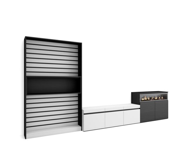 Conjunto de móveis tv, mobiliário sala de estar, 360x35x186cm, para televisores até 65", lareira eléctrica, estilo moderno, branco e preto