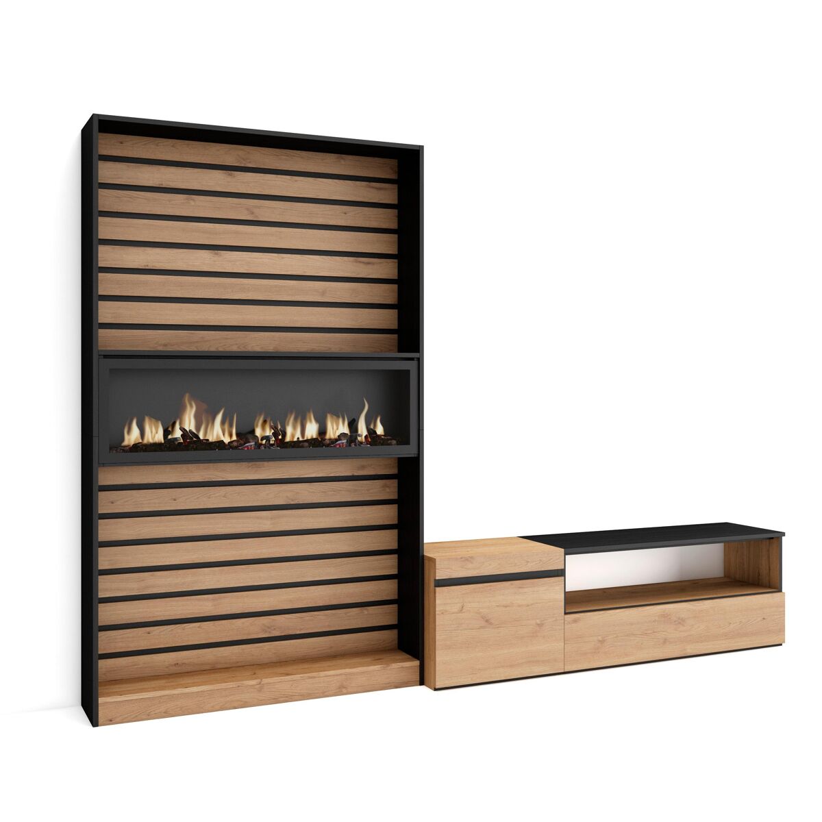 Conjunto de móveis tv, mobiliário sala de estar, 260x35x186cm, para televisores até 65", lareira eléctrica xxl, estilo moderno, carvalho e preto