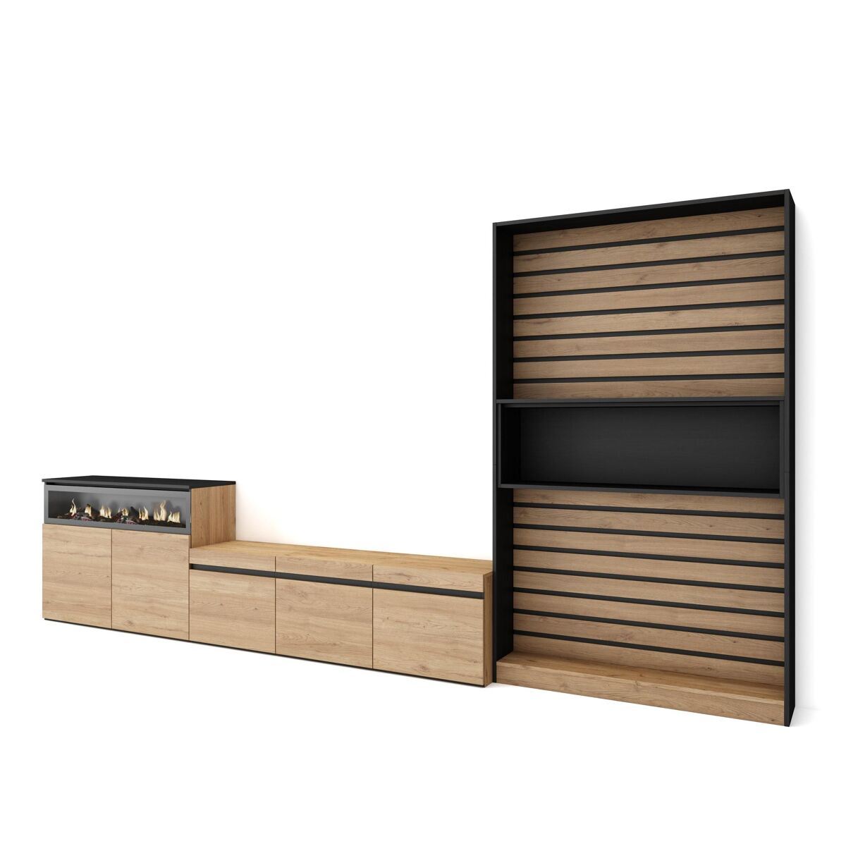 Conjunto de móveis tv, mobiliário sala de estar, 360x35x186cm, para televisores até 65", lareira eléctrica, estilo moderno, carvalho e preto