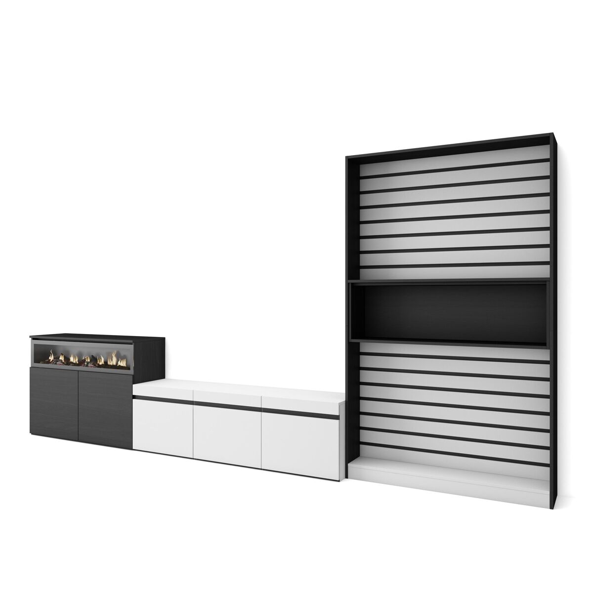 Conjunto de móveis tv, mobiliário sala de estar, 360x35x186cm, para televisores até 65", lareira eléctrica, estilo moderno, branco e preto