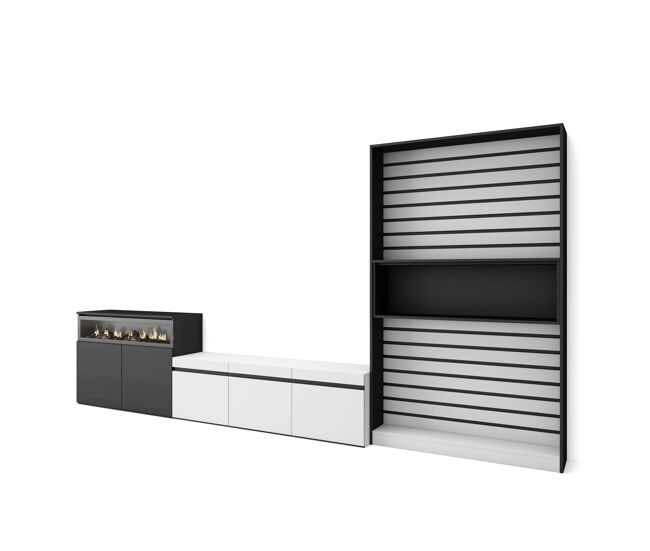 Conjunto de móveis tv, mobiliário sala de estar, 360x35x186cm, para televisores até 65", lareira eléctrica, estilo moderno, branco e preto