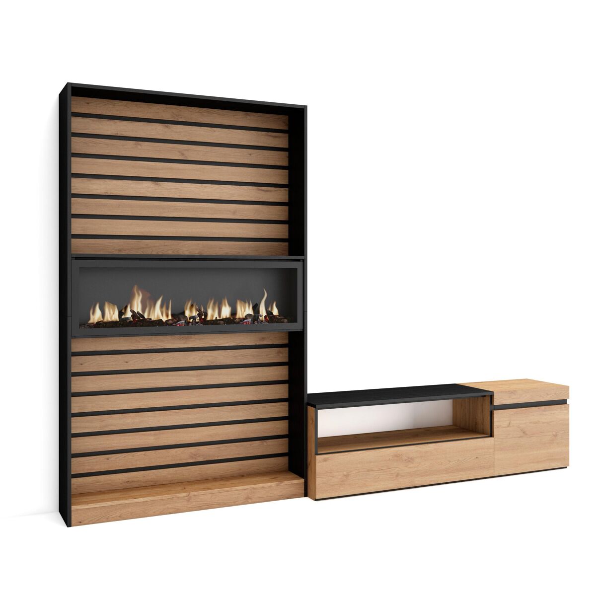 Conjunto de móveis tv, mobiliário sala de estar, 260x35x186cm, para televisores até 65", lareira eléctrica xxl, estilo moderno, carvalho e preto