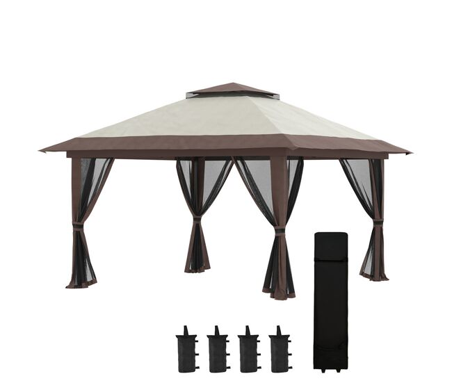Outsunny tenda dobrável pop-up 3,92x3,92x2,83 m tenda de jardim com altura ajustável proteção uv50+ teto duplo rede mosquiteira e bolsa de transporte