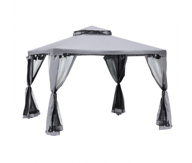 Outsunny pérgola de jardim 294x294x265cm pérgola de exterior com duplo teto de ventilação 8 orifícios de drenagem e 4 telas mosquiteiras com fecho de