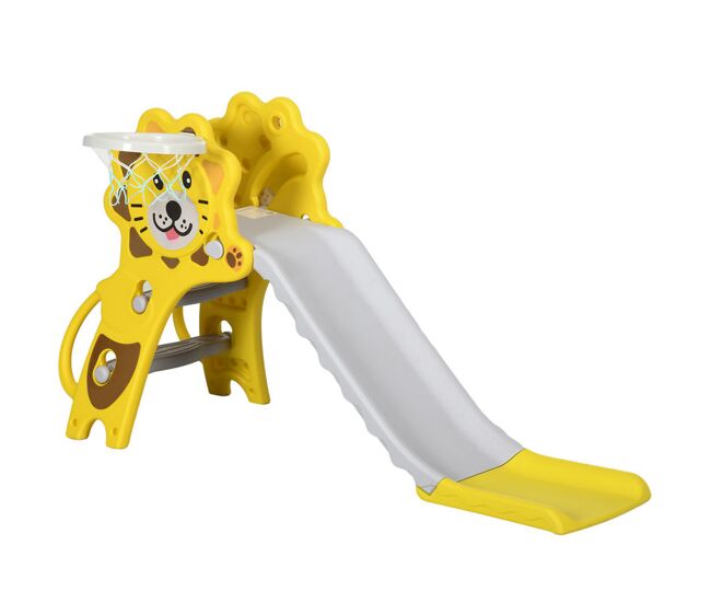 Aiyaplay escorrega para enfants 2 em 1 escorrega para enfants de 18 a 36 meses com 2 degraus cesta de basquetebol e desenho de leão para interior 131x50x74 cm jaune e gris