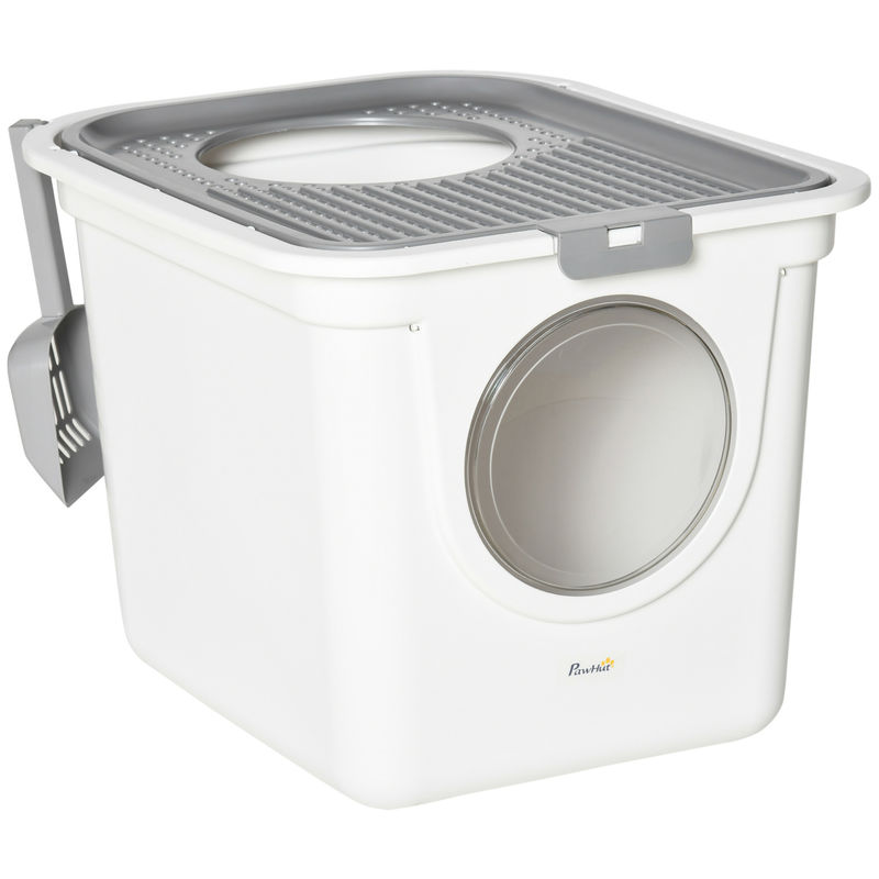 Pawhut caixa de areia para gatos com pá sanita para animais de estimação com 2 portas entrada principal e saída superior 44x55x39 cm branco e cinza