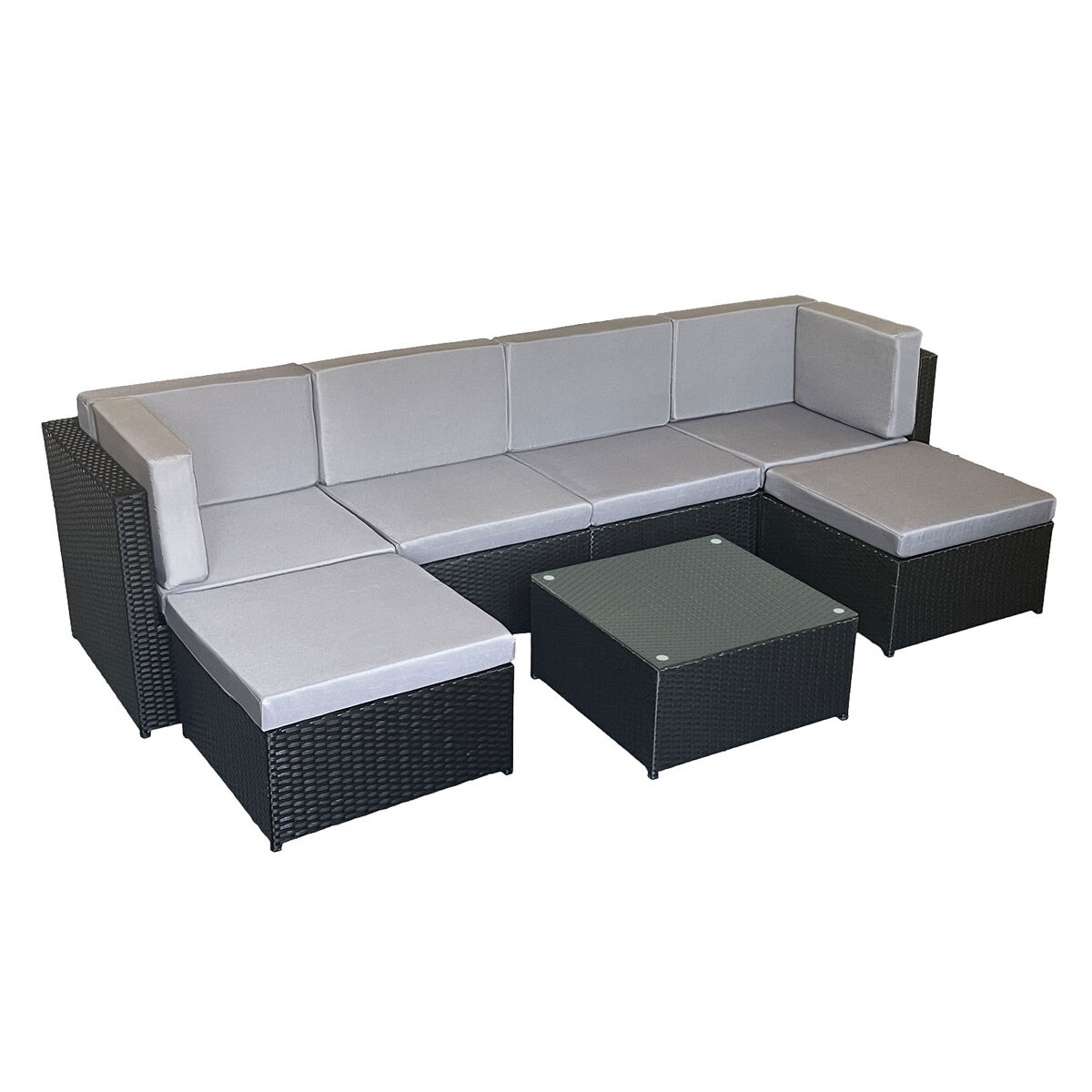 Happy Garden Conjunto De Muebles De Jardín Bonifacio De Resina Tejida Negra, Con Capacidad Para 6 Personas - Cojín Gris Preto
