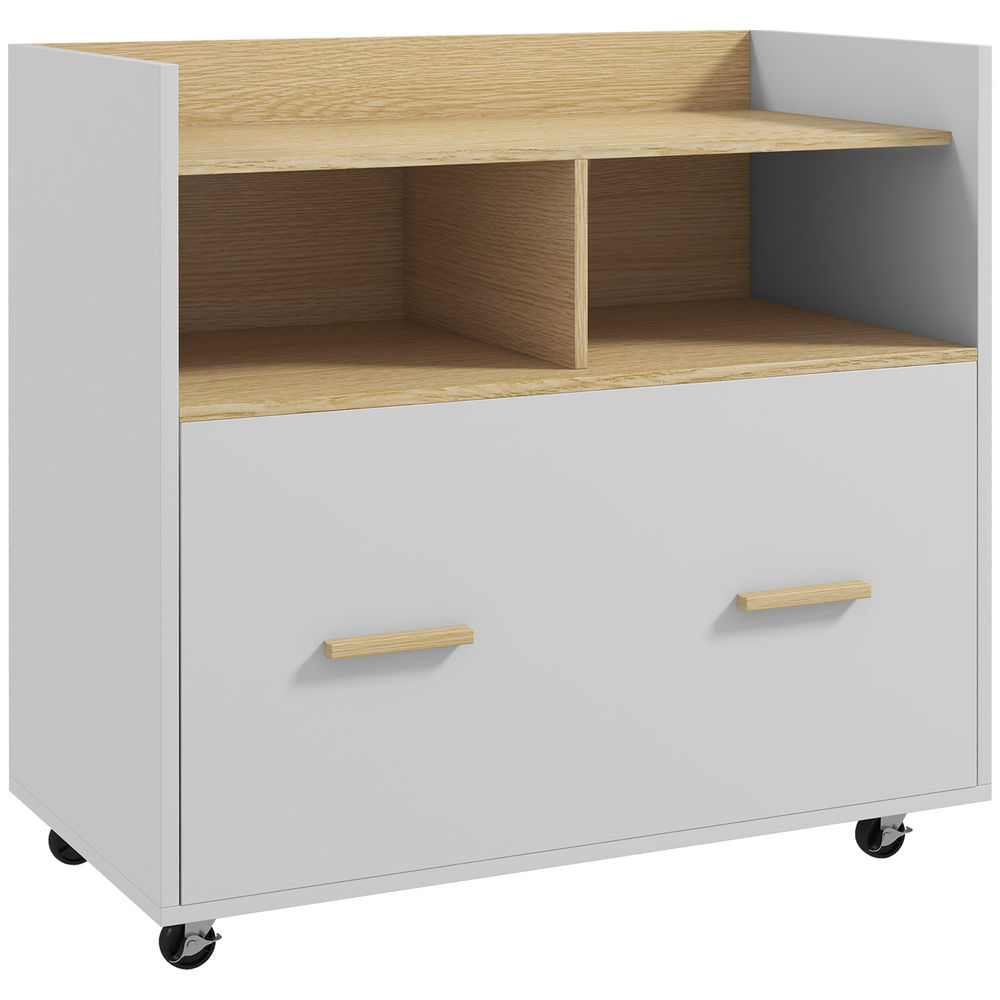 Vinsetto armário para escritório armário para arquivos com rodas gaveta barra suspensa para tamanho a4 e 2 compartimentos de armazenamento para estúdio sala de estar 76x40x75,5 cm branco e madeira
