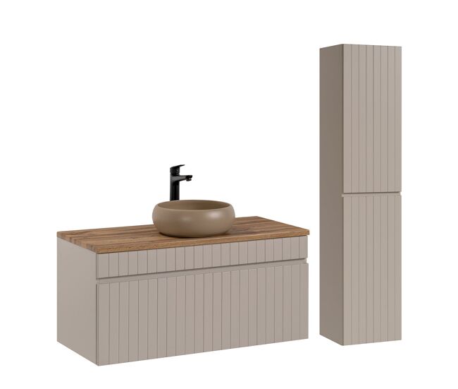 Conjunto móvel lavatório individual 100cm e coluna zelie caxemira e madeira