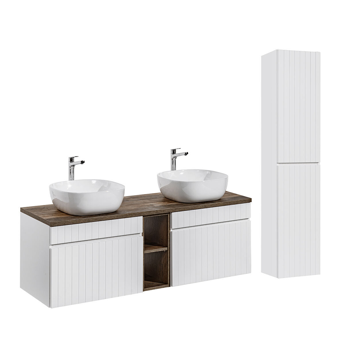 Conjunto móvel lavatório duplo zelie blanc e madeira 140cm 2 nichos e enceinte