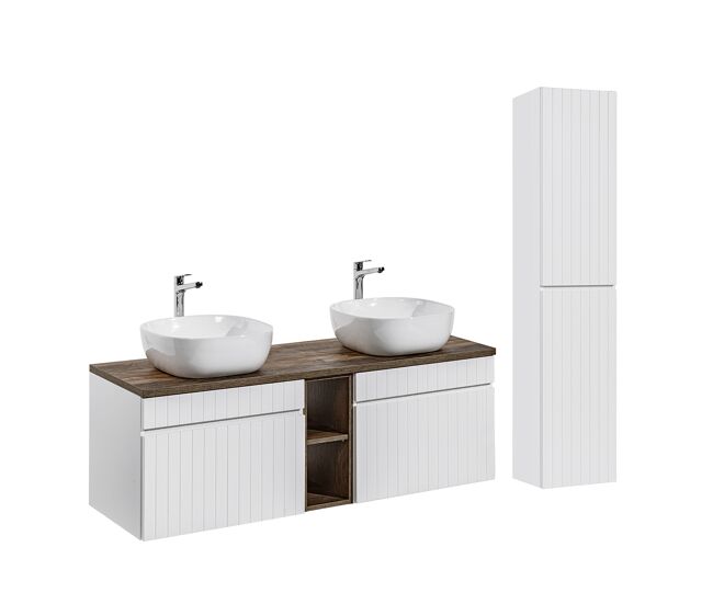 Conjunto móvel lavatório duplo zelie blanc e madeira 140cm 2 nichos e enceinte