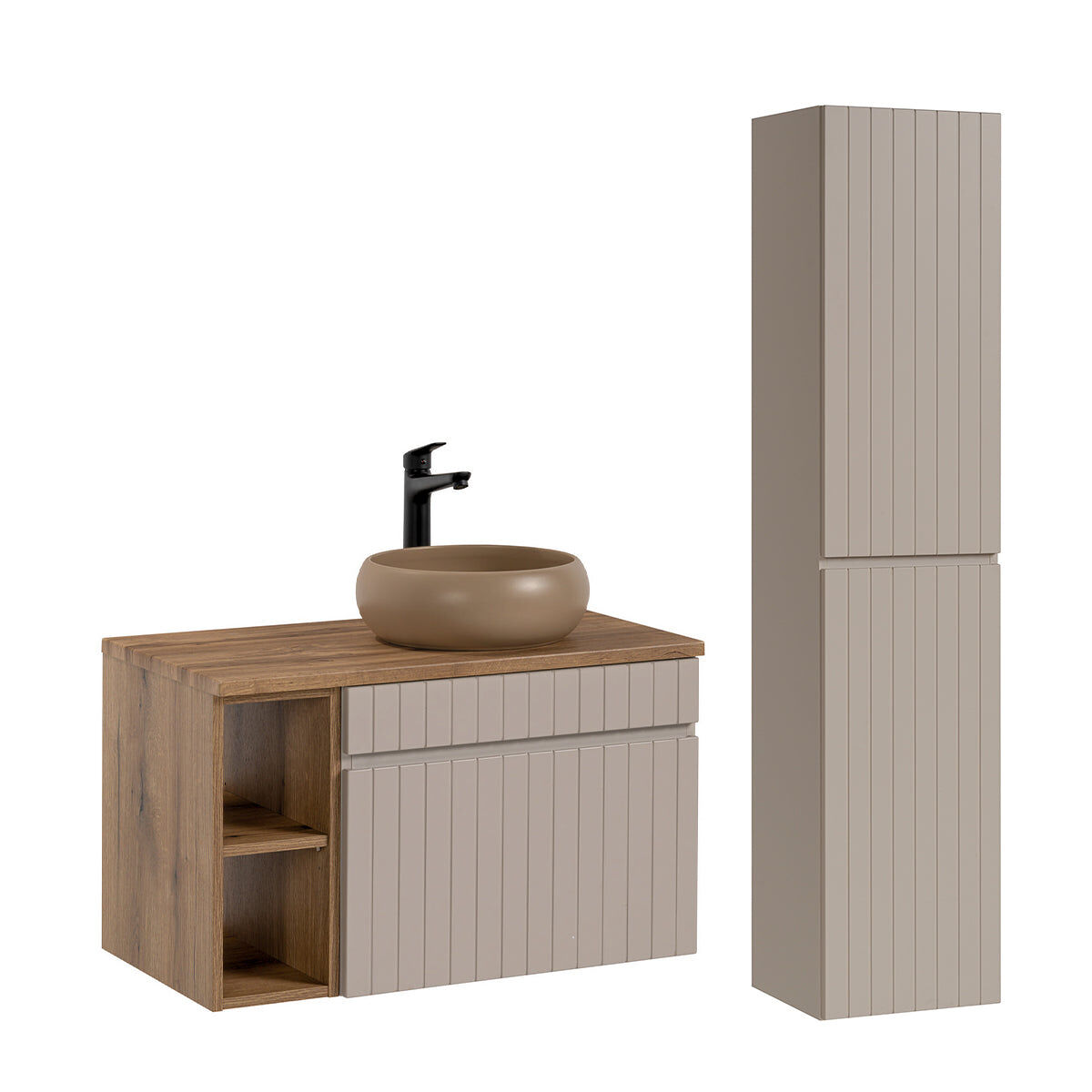 Conjunto móvel lavatório individual 80cm 2 nichos e enceinte zelie caxemira e madeira