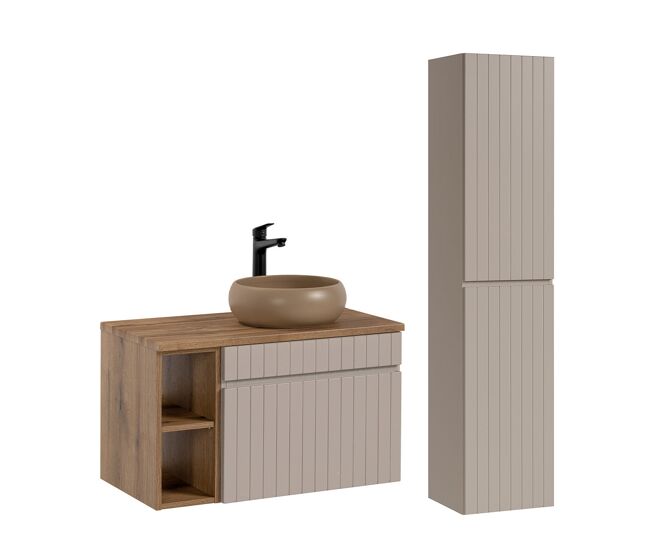 Conjunto móvel lavatório individual 80cm 2 nichos e enceinte zelie caxemira e madeira