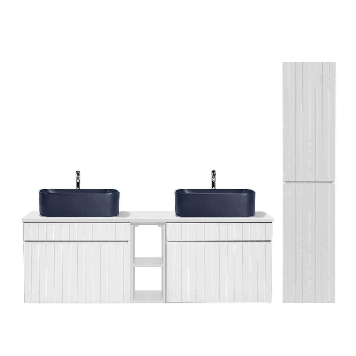 Conjunto móvel lavatório duplo 140cm 2 nichos e coluna zelie branco e azul