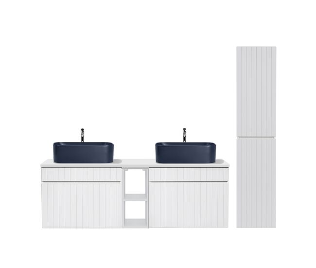 Conjunto móvel lavatório duplo 140cm 2 nichos e coluna zelie branco e azul