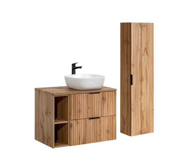 Móvel de lavatório simples 80cm 2 nichos e pedestal adriel madeira
