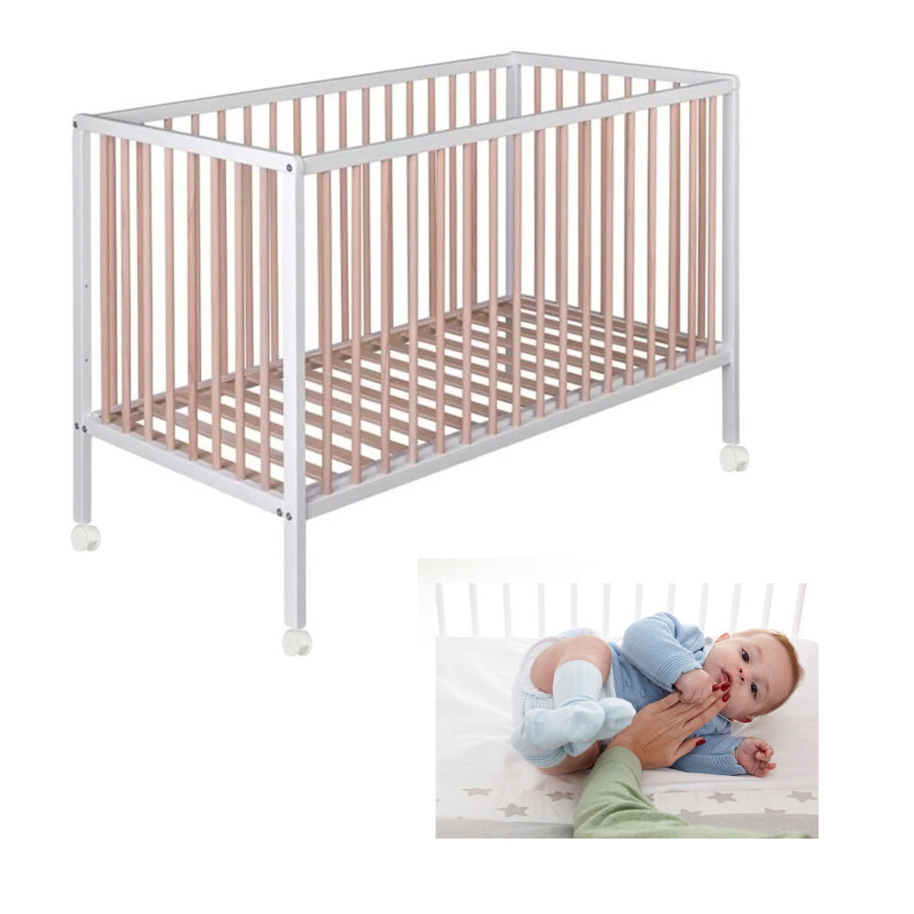 Cama de grades laponia com estrado de ripas de faia + 4 rodas + kit co-sleeping incluído
