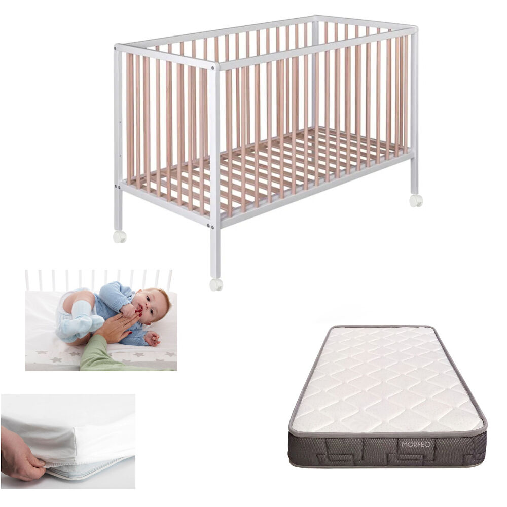 Cama de grades Laponia + colchão Morfeo + protetor de colchão + 4 rodas